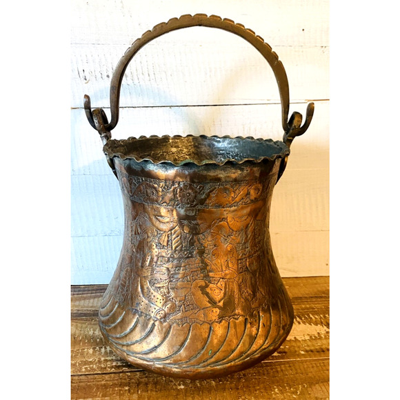Antique Vintage Persian Copper Bucket Pot with Handle 13" Tall Top of Handle - Picture 13 of 13